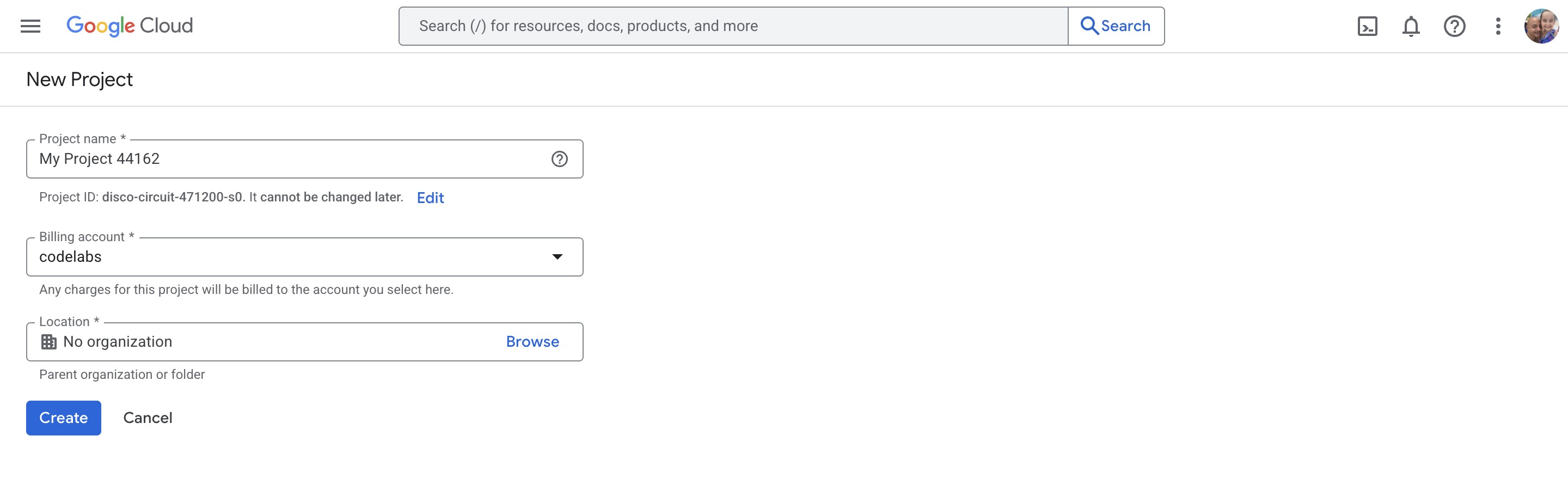 Create a new project screen